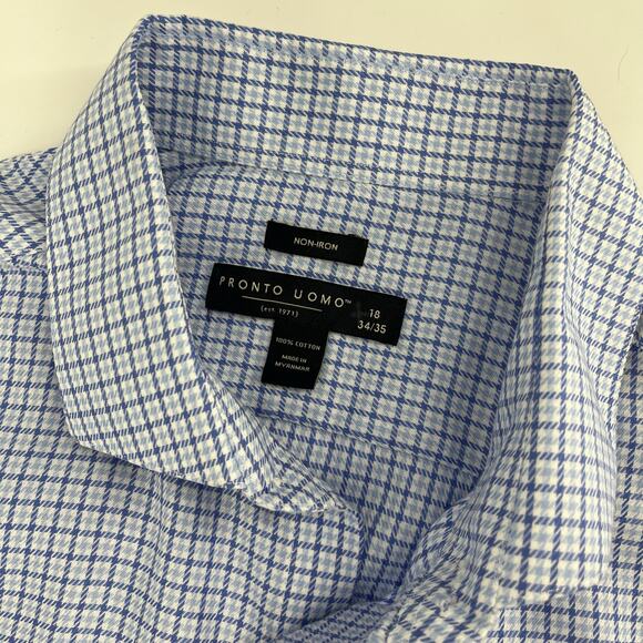 Pronto Uomo Men's Blue Check 100% Cotton Button Front Shirt (18 (34/35) No Iron. - Picture 4 of 6